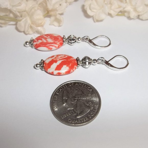 Orange & White Gemstone Earrings Beaded Jewelry Unique Colorful Lever Back 6737 - Picture 5 of 8